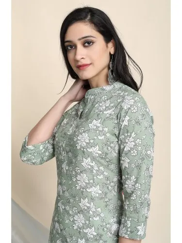 Janasya Women's Light Green Cotton Kurta With Pant And Dupatta(J0108)