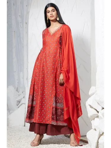 Janasya Women's Orange Poly Muslin Kurta With Palazzo and Dupatta(J0237)