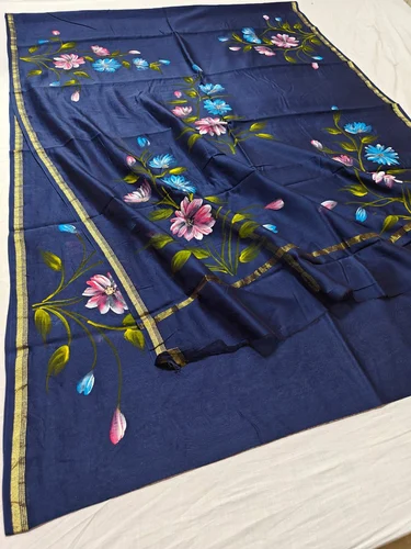 Hand painted sarees with chanderi silk fabric, Kalamkari Painting, 6.3 meters
