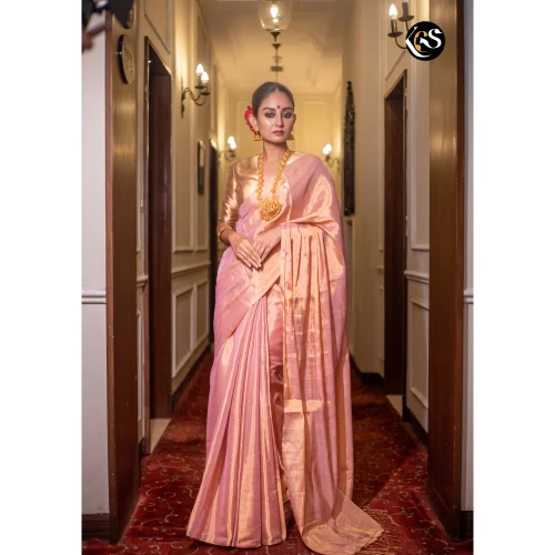 Handloom chanderi pure baby pink tissue saree