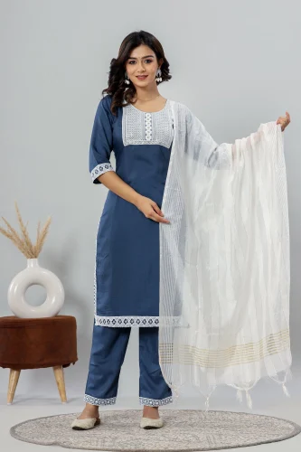 Women's Trendy Kurti With Duppata,Pant 3 Pis Set O5 Blue