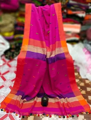 Festive Wear pink Pompom Handloom Khadi cotton Saree with BP, 6.3 m (with blouse piece)