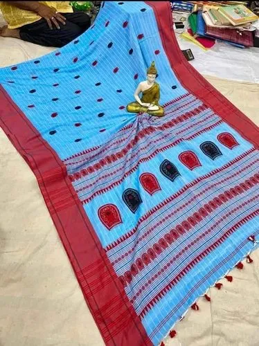 Blue Jamdani Ladies Khadi Cotton Handloom Sarees with blouse, Handwash
