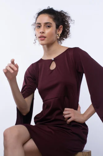 Maroon Pearl Button Casual Dress