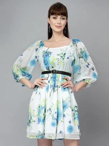 White Printed Mulmul Gathered Dress
