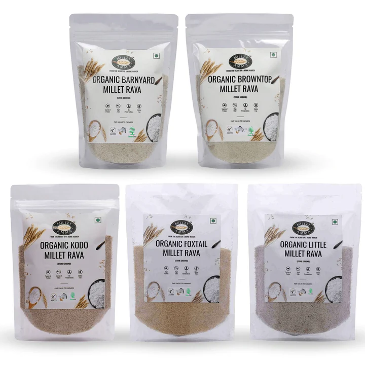 Siridhanya Millets Rava Combo Pack of 5 (2.5Kg - Each 500g) | Positive Millets due to its balanced Nutritional Profile | Kodo Millet Rava +Foxtail Millet Rava + Browntop Millet Rava + Little Millet Rava + Barnyard Rava