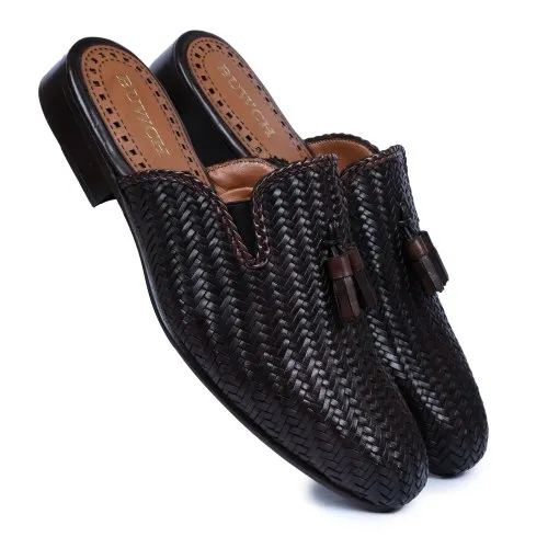 Mens Brown Leather Tassle Mule Shoes