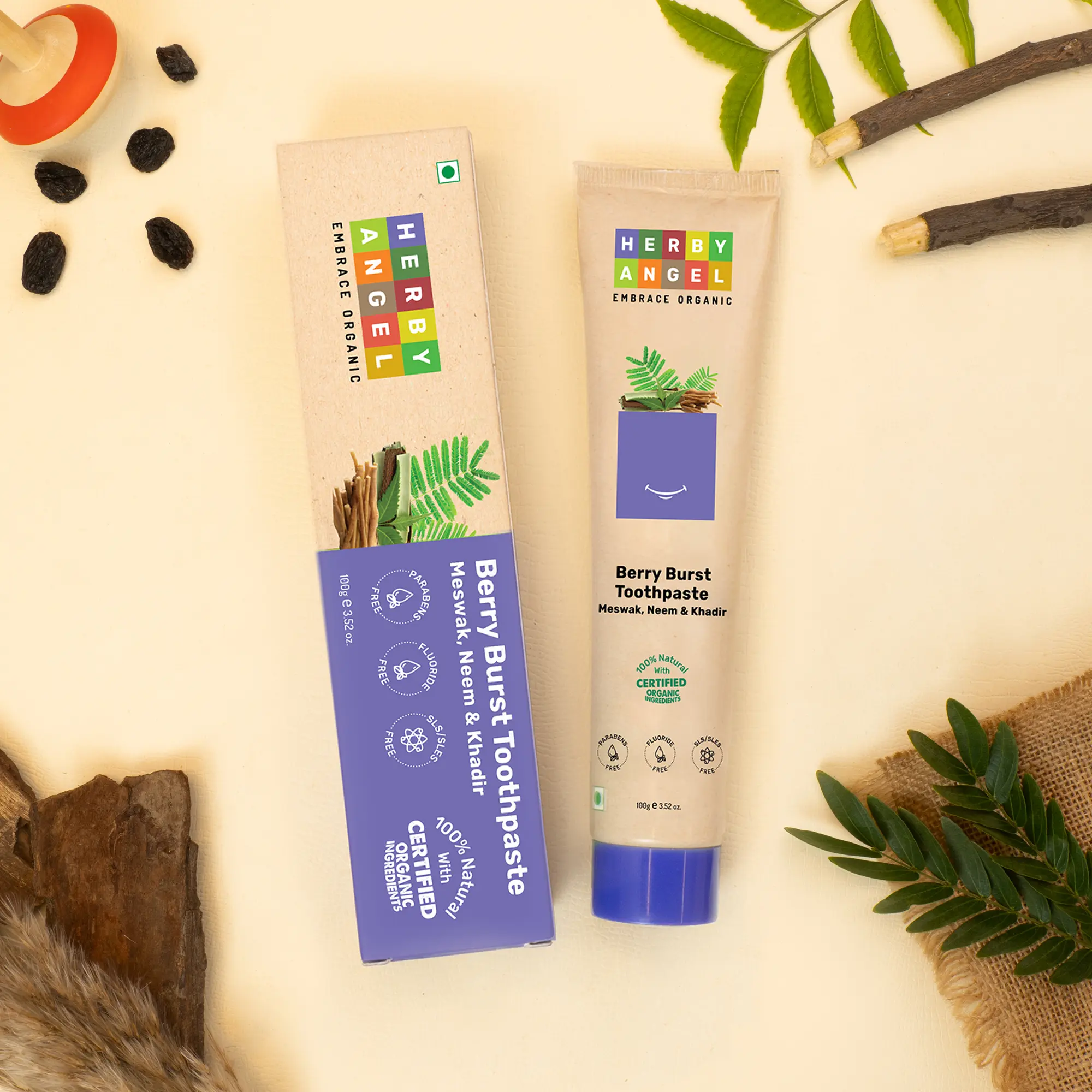 Organic Berry Burst Toothpaste for Kids With Neem, Khadir &amp; Meswak for Strong Teeth &amp; Fresh Breath