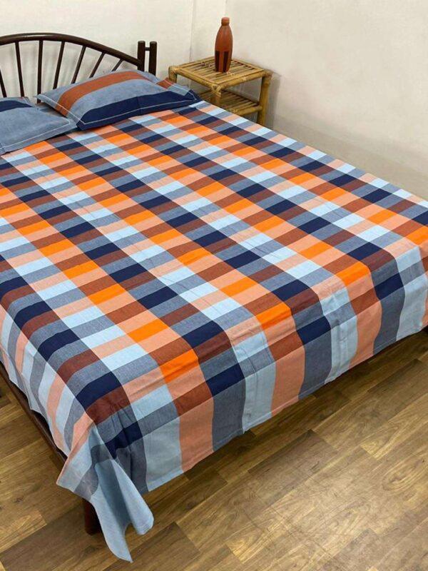 Cotton Double Bed Sheet & Pillow Covers - Orange & Blue