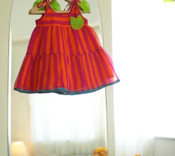 Palash Orange striped Sleeveless Infant Tiered Dress in handwoven cotton silk (0-12 months)
