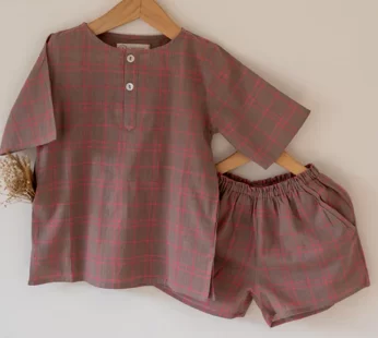 Kids ‘Sleepover Party’ Kurta and Shorts Co-ord set in Warm Sand and Pink Checks