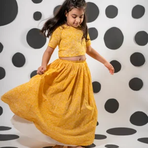 Set of 2 - 'From our memory box' yellow lehenga in cotton floral hand block print