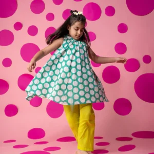 Set of 2 - ‘Kin’ Halter neck dress in teal hand block print polka and lime green cotton pajamas