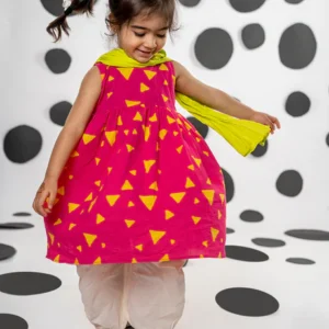 Set of 3- 'Love, share and care' pink cotton kurta in hand block-print with white dhoti pant and lime green dupatta