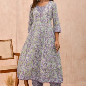 Purple Sea Green Organic Cotton Anarkali Kurta with Pockets