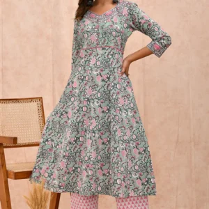 Green Pink Organic Cotton Anarkali Kurta with Pockets