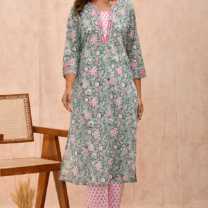 Green Pink Organic Cotton Straight Kurta