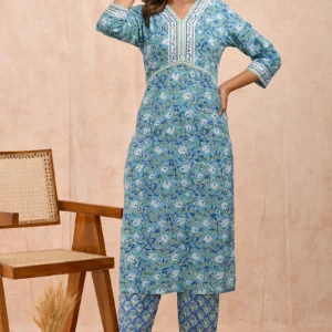 Blue White Organic Cotton Straight Kurta