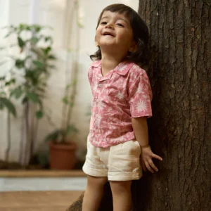 ‘Boogie’ kids half sleeve shirt in pink floral hand block print cotton