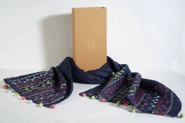 Navy Blue Linen Scarf With Multi Flower Embroidery & Fancy Tassel - Image 3