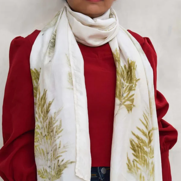 Eco-printed Silk Stole - White with Olive Green
