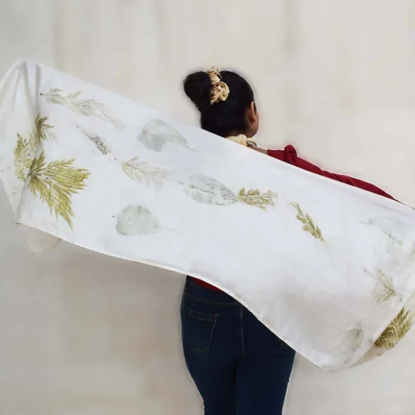 Eco-printed Silk Stole - White with Olive Green - Image 2