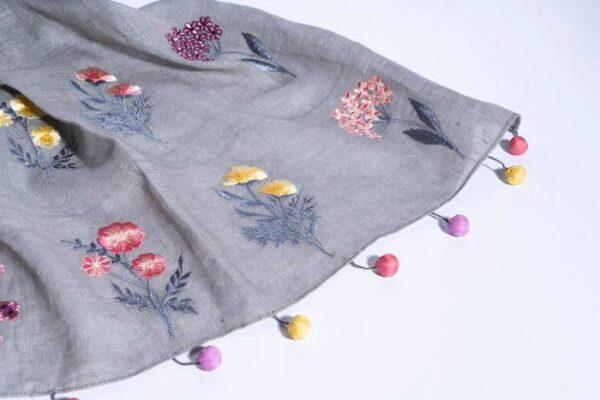 Grey Linen Scarf With Embroidered Flower Bunches & Fancy Tassels - Image 2