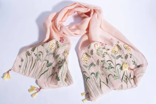 Peach Linen Scarf With 3D Florals & Hand Crafted Tassels