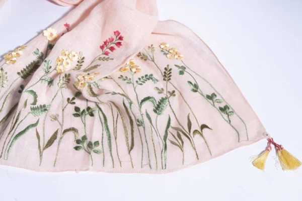 Peach Linen Scarf With 3D Florals & Hand Crafted Tassels - Image 2