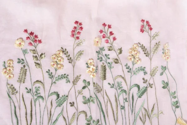 Peach Linen Scarf With 3D Florals & Hand Crafted Tassels - Image 3
