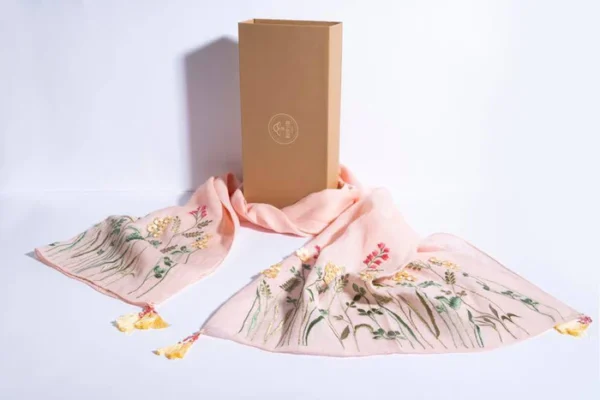 Peach Linen Scarf With 3D Florals & Hand Crafted Tassels - Image 4