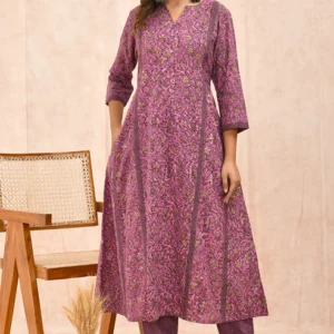 Flamingo Pink Dabu Printed Organic Cotton A-line Kurta with Pockets