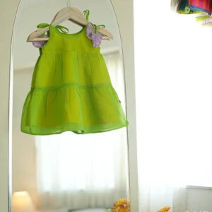 Amaltas Lime Green Sleeveless Infant Tiered Dress in handwoven cotton silk (0-12 months)