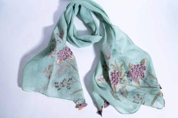 Mint Linen Stole With Embroidered Corner Bunches & Tassels