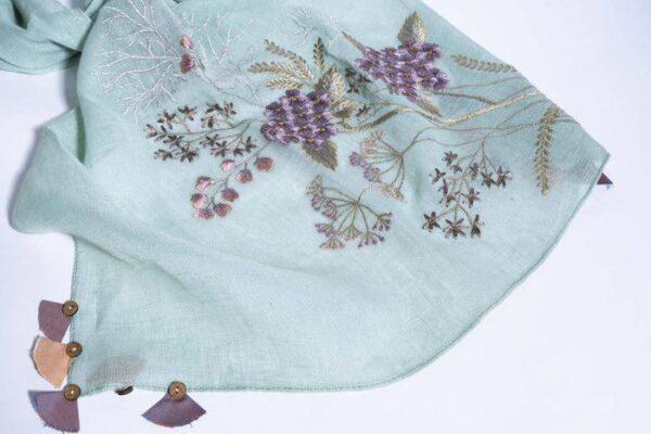 Mint Linen Stole With Embroidered Corner Bunches & Tassels - Image 2