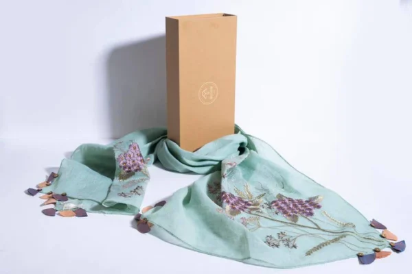 Mint Linen Stole With Embroidered Corner Bunches & Tassels - Image 3