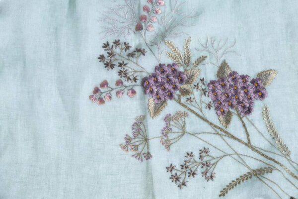 Mint Linen Stole With Embroidered Corner Bunches & Tassels - Image 4