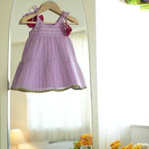 Madhu Malti Lilac striped Sleeveless Infant Tiered Dress in handwoven cotton silk (0-12 months)