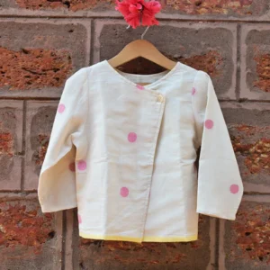 ‘Birdsong’ | Unisex reversible jacket in kora handwoven cotton and pink polka jamdani