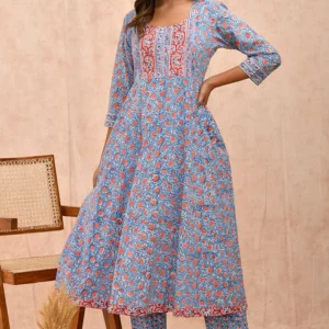 Slate Blue Organic Cotton Anarkali Kurta with Pockets