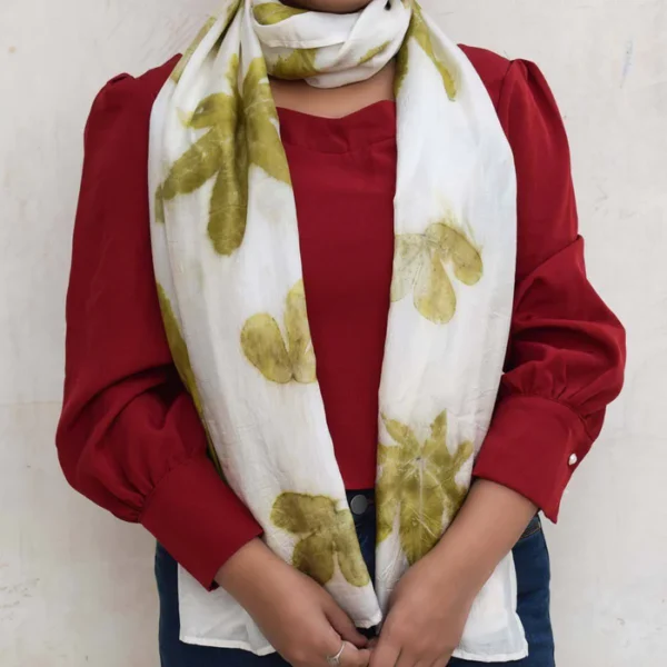 Eco-printed Silk Stole - White with Olive Green
