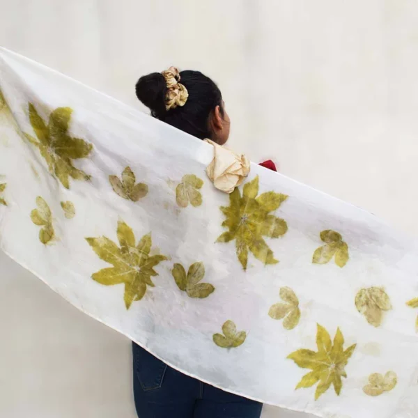 Eco-printed Silk Stole - White with Olive Green - Image 2