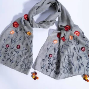 Grey Linen Scarf With Embroidered Florals And Handmade Tassels