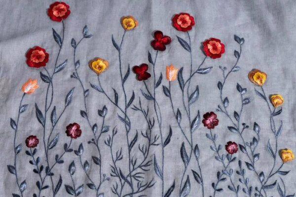 Grey Linen Scarf With Embroidered Florals And Handmade Tassels - Image 3
