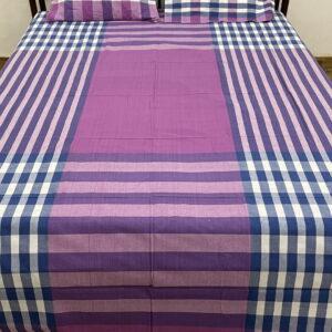 Handwoven Cotton Double Bedsheet with Pillow Covers- Purple, Blue and White stripes