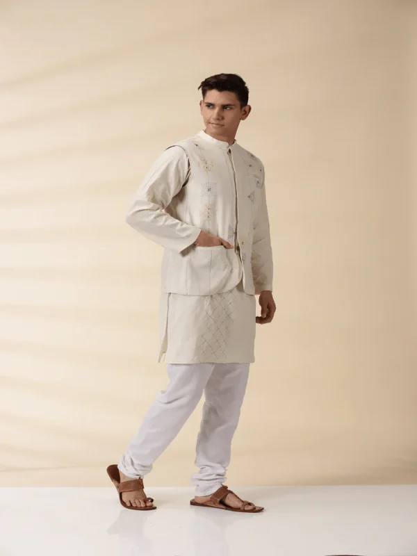 White Khadi Men's Nehru Jacket - Image 4