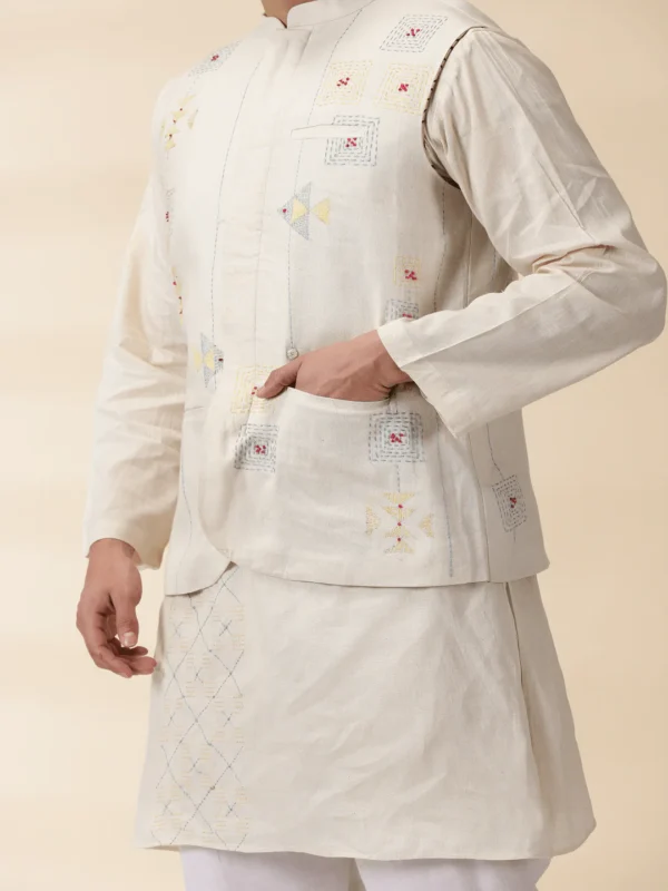 White Khadi Men's Nehru Jacket - Image 3