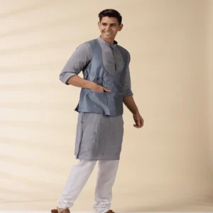 Grey Chanderi Men's Achkan Jacket & Kurta Set