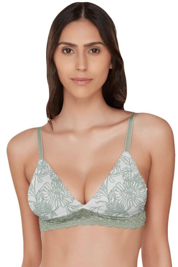 Organic Cotton Antimicrobial Non-wired Triangular Lace Band Bralette-ISB095-Green Print - Image 3