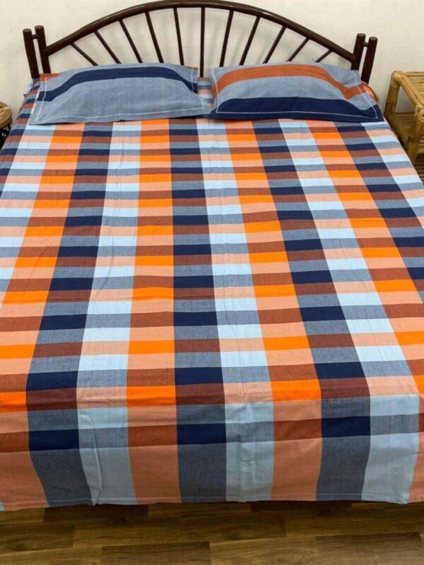 Cotton Double Bed Sheet & Pillow Covers - Orange & Blue - Image 3
